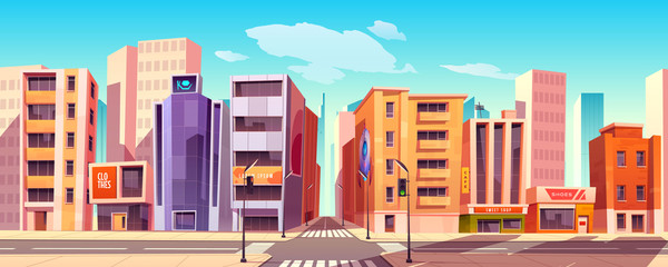 City street with houses, road with pedestrian crosswalk, traffic lights and street lights. Vector cartoon background with cityscape, urban landscape with residential buildings, office and shops