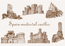Graphical Vintage Set Of Spain Castles ,sepia Background,vector Illustration