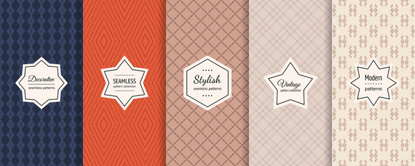 Wall Mural - Vector geometric seamless patterns collection. Set of vintage colorful background swatches with labels. Elegant abstract textures. Ethnic style retro design. Navy blue, orange, beige, brown color