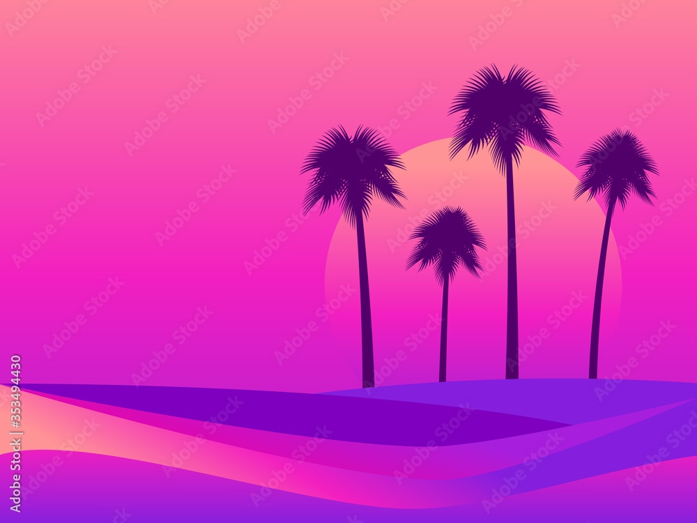 Tropical landscape with palm trees on a background of sea sunset. Colorful gradients in the style of the 80s. Retro futuristic style. Background for advertising, poster and banner. Vector illustration - obrazy, fototapety, plakaty 
