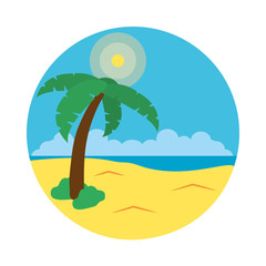 Sticker - tropical palm and beach landscape icon, flat style