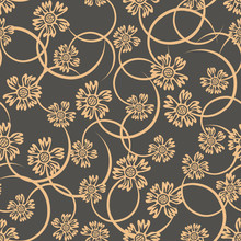 Vector Floral Seamless Pattern. Elegant Vintage Ornament With Small Yellow Flowers On Brown Background, Branches, Twigs. Liberty Style Millefleurs. Abstract Background. Repeat Geo Design