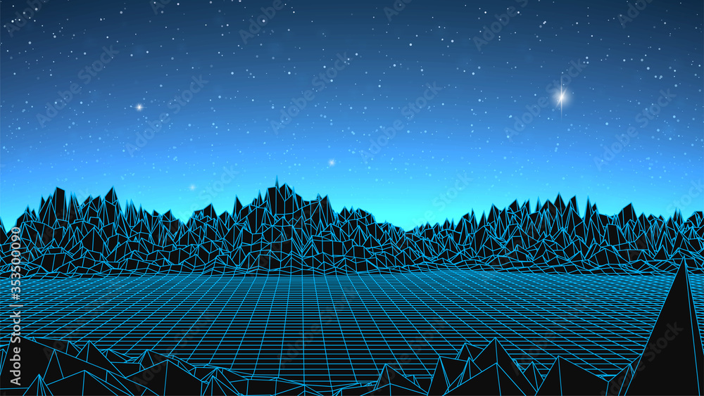 Abstract 3d landscape. Wireframe computer terrain. Retro futuristic ...