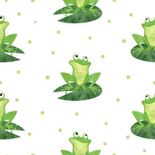 Cute Watercolor Frog Pattern. Seamless Vector Background.