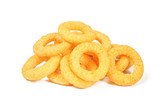 Fototapeta Na ścianę - Delicious ring snacks isolated on white background. Pile of yellow unhealthy junk food