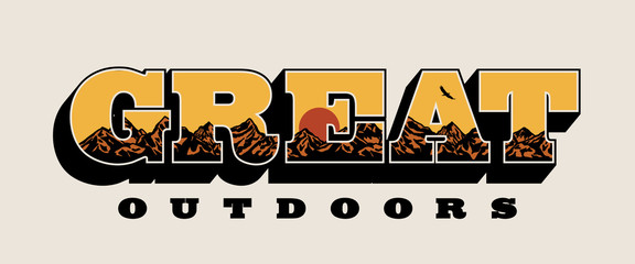 great outdoors slogan with sunset and mountains illustration inside vector artwork for t-shirt print