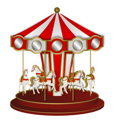 White and red carousel with white horses