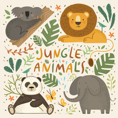 Jungle animals. Vector cute illustration of koala on branch, lion, panda holds bamboo, elephant, tropical palm leaves, flowers, green leaves isolated objects. Drawings for banner, card, postcard