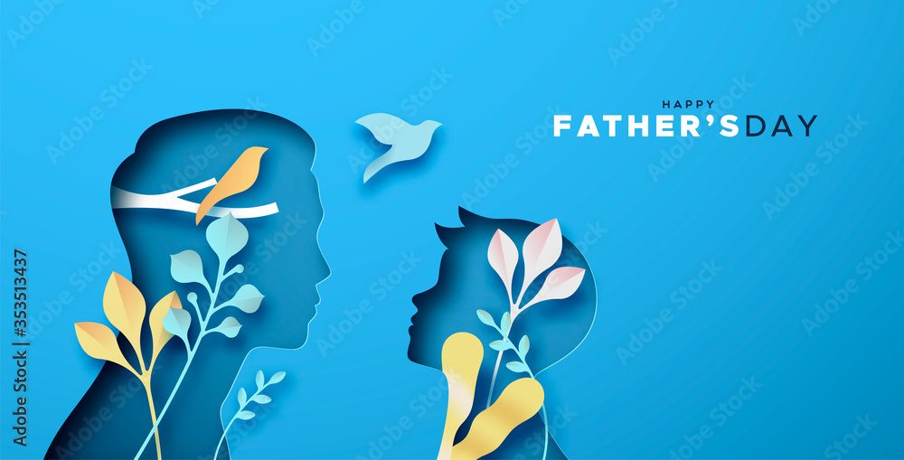 Happy father's day papercut card of dad with son - obrazy, fototapety, plakaty 