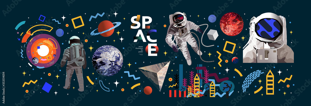 Space. Vector abstract illustrations of an astronaut, planets, galaxy, mars, future, earth and stars. Science fiction drawing for poster, cover or background
 - obrazy, fototapety, plakaty 