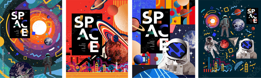 Space. Vector abstract illustrations of an astronaut, planets, galaxy, mars, future, earth and stars. Science fiction drawing for poster, cover or background
 - obrazy, fototapety, plakaty 