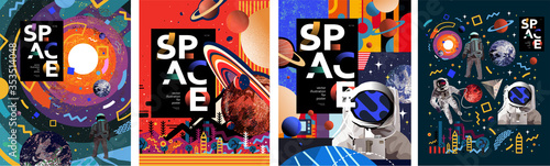 Space. Vector abstract illustrations of an astronaut, planets, galaxy, mars, ...