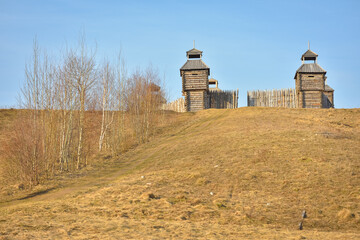 wooden fortress in the field, old Russian wooden structure, village tower in the field