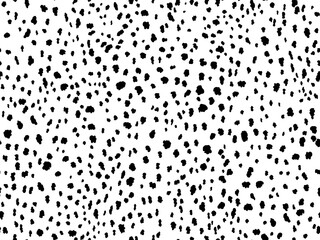 Animal print seamless pattern design with irregular ink black spots on white background. Dalmatian pattern animal print.