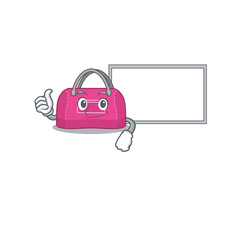 Poster - Woman Sport Bag cartoon design with Thumbs up finger bring a white board