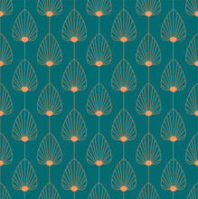 Vintage Elegant Art Deco Style Seamless Pattern With Copper Floral/fan Shape Motifs On Dark Green Background. Orange And Teal Colored Art Deco Repeat Vector Pattern.
