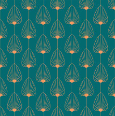Vintage elegant Art Deco style seamless pattern with copper floral/fan shape motifs on dark green background. Orange and teal colored art deco repeat vector pattern.