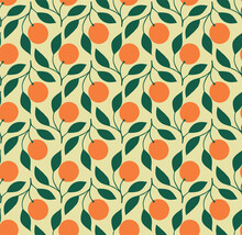Elegant Seamless Pattern With Orange On Branch Motifs. Retro Style Pattern With Hand Drawn Oranges.