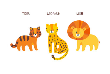 Big cats trio. Leopard, tiger and lion in one vector illustration. Portrait of big cats family