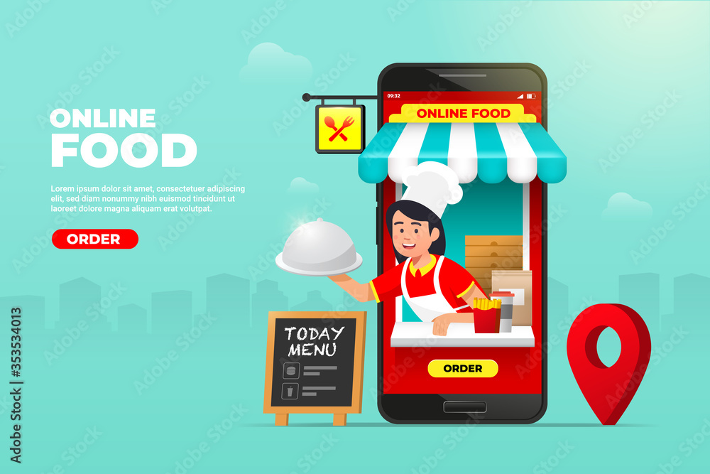 online food shopping on mobile phone. waiter with ready meals at hand service. fast food delivery order vector illustration. - obrazy, fototapety, plakaty 