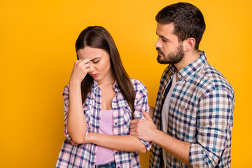 Poster - Dear what happen. Frustrated girl have migraine man spouse try support calm down wear plaid clothes isolated over bright shine color background