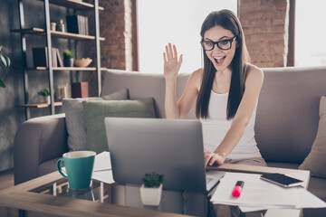 Poster - Portrait of successful surprised positive coach girl sit divan use laptop video call partnership appointment hold hand greet colleagues in house indoors