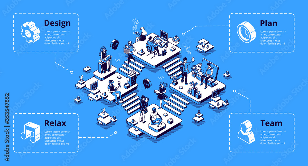 Coworking office infographics isometric landing page. Area separated on rooms for relax, plan, design and team communication. Workplace with people teamwork, freelance, 3d vector line art, web banner - obrazy, fototapety, plakaty 