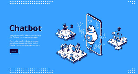 Chatbot banner. AI technology in business for support customers. Vector landing page of virtual assistant for online help to clients. Isometric office with working people and smartphone with robot