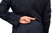 © JYPIX - Dishonest businessman telling lies, lying male entrepreneur holding fingers crossed behind his back.