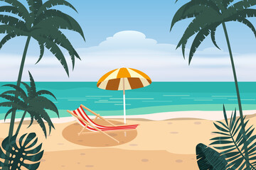 Wall Mural - Summer Vacation Loungers On Sea Beach Landscape Beautiful Seascape Banner Seaside Holiday Vector Illustration