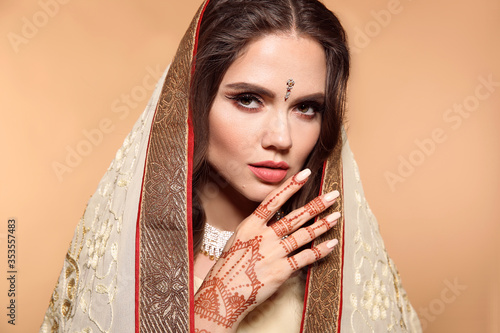 Mehendi Portrait Of Beautiful Indian Girl In Saree Isolated On