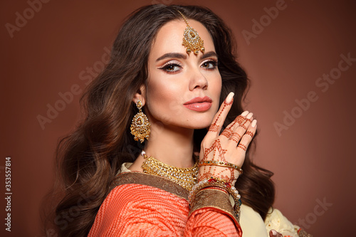 Mehendi Portrait Of Beautiful Indian Girl In Sari Young Hindu