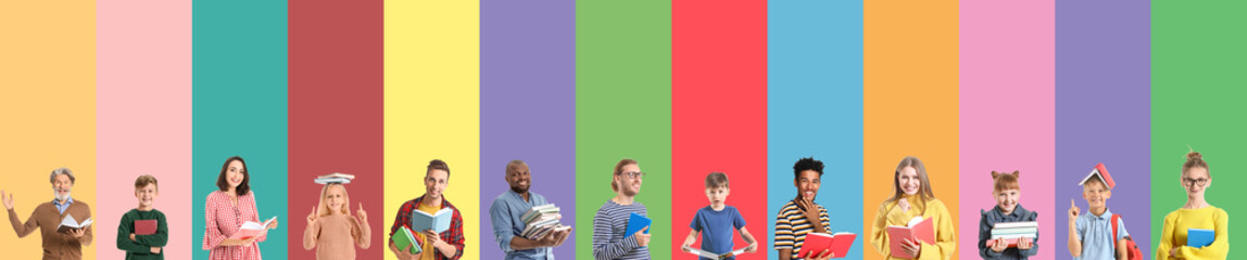Different people with books on colorful background