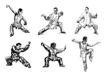 Silhouette Of People Isolated On A White Background. Wushu, Kung Fu, Taekwondo. Sports Positions. Sketches Of People. Vector Illustration