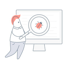 Code and bug review, debugging, website testing, vulnerability identification and fixing. Cute cartoon guy holding the magnification glass over a bug on a computer screen. Flat outline vector icon