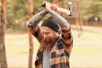 Poster - Handsome lumberjack cutting down trees in forest