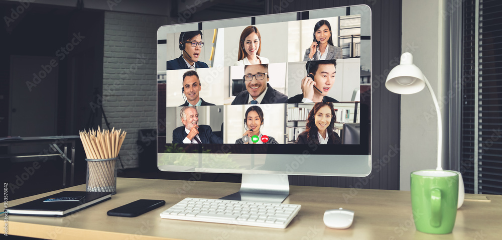 Video call business people meeting on virtual workplace or remote office. Telework conference call using smart video technology to communicate colleague in professional corporate business. - obrazy, fototapety, plakaty 
