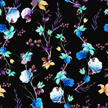 Seamless Floral Background Pattern. Abstract Blue Flowers, Roses, Branches With Leaves On Black. Pattern For Textile, Fabric And Other Prints Purpose. Hand Drawn Artwork, Vector Wallpaper.