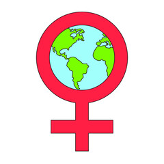 Female gender symbol with planet earth inside the circle. Feminine world. Feminist pride sign and logotype. Global logo for unity and equality of genders. Illustration isolated on white background