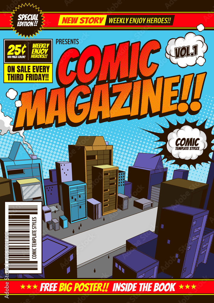 comic cover template background, flyer brochure speech bubbles, doodle ...