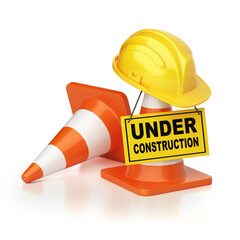 under construction sign board, traffic cones and hard hat, 3d rendering