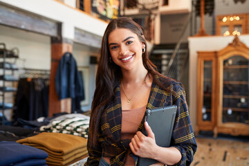 Wall Mural - Portrait Of Smiling Female Owner Of Fashion Store Standing In Front Of Clothing Display