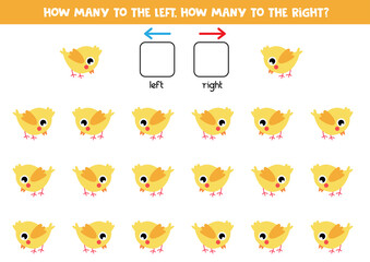  Left or right with cute yellow baby chicken. Educational game.