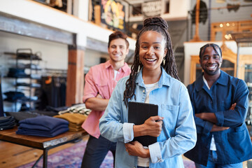 Wall Mural - Portrait Of Smiling Multi-Cultural Sales Team In Fashion Store In Front Of Clothing Display