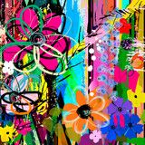 Fototapeta Młodzieżowe - abstract background composition with flowers, with strokes, splashes and geometric lines
