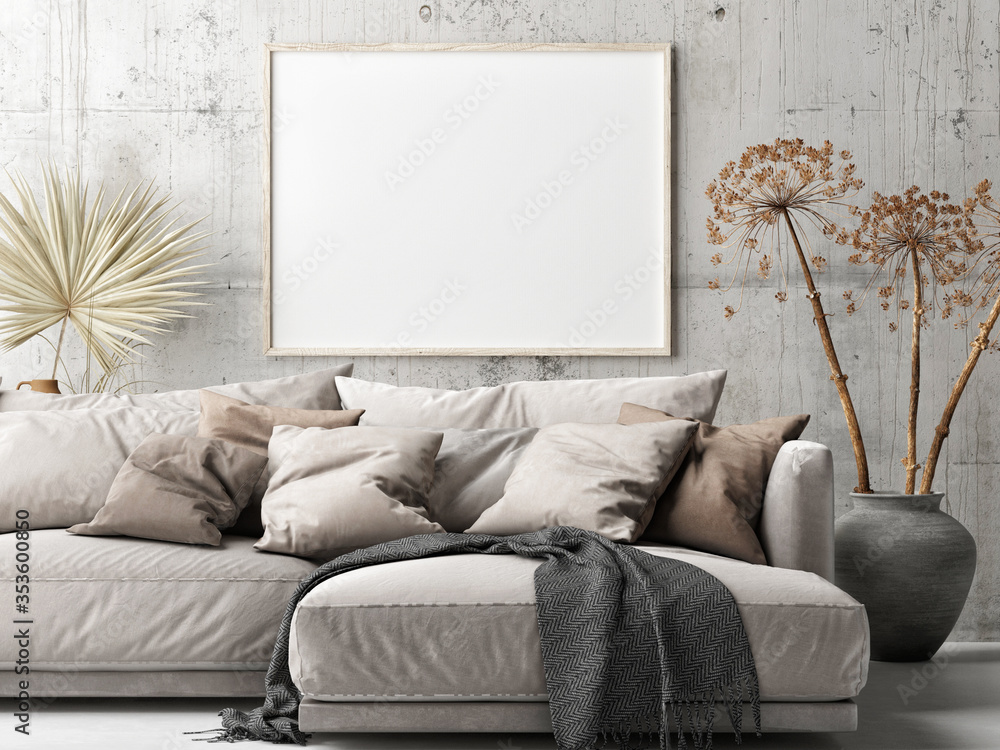 Mockup poster, Scandinavian Living Room, Comfortable Sofa with pants, 3d render, 3d illustration - obrazy, fototapety, plakaty 