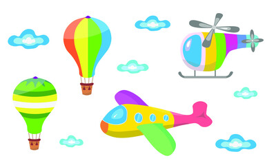  Air transport set. Airplane, air balloon, helicopter. Vector Illustration for printing, backgrounds, wallpapers, covers, greeting cards, posters, stickers, textile, seasonal design. Isolated on white