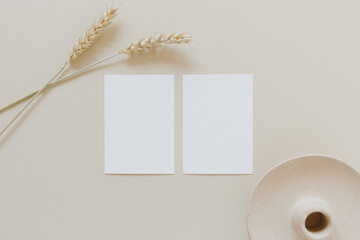 Blank paper cards with mockup copy space and wheat / rye stalks on beige background. Minimal business brand template. Flat lay, top view.