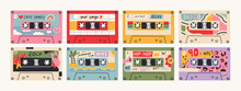 Set Of Eight Retro Vintage Tape Cassettes. Various Audio Tapes. Different Mixtapes. Love Songs, Relax, Rock, Nineties Hits Etc. Hand Drawn Colored Vector Illustrations. Every Cassette Is Isolated