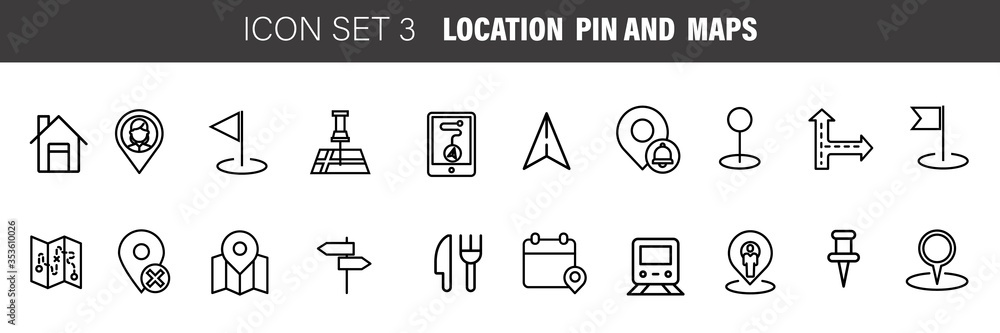 Maps pin and location icon set. Collection of outline technology ...